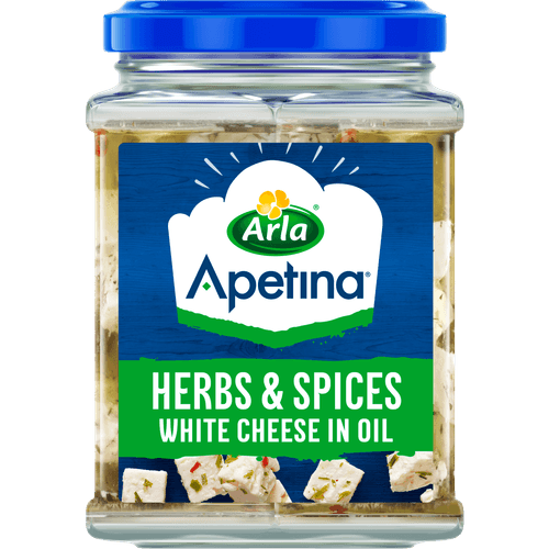 Foto van Apetina Classic 45+ kaasblokjes in olie op witte achtergrond