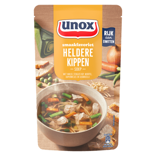 Foto van Unox Soep in zak heldere kippensoep op witte achtergrond