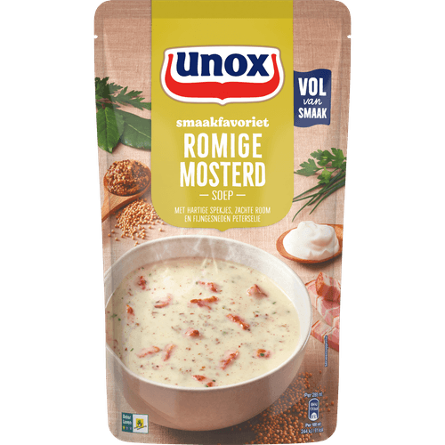 Foto van Unox Soep in zak romige mosterdsoep op witte achtergrond