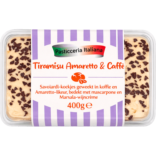 Foto van PASTICCERIA ITALIANA Tiramisu amaretto & koffie op witte achtergrond