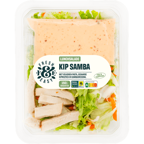 Foto van Fresh & easy Lunchsalade kip samba op witte achtergrond