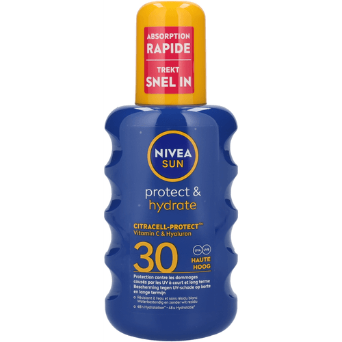 Foto van Nivea Zonbescherming spray protect & hydrage spf 30 op witte achtergrond