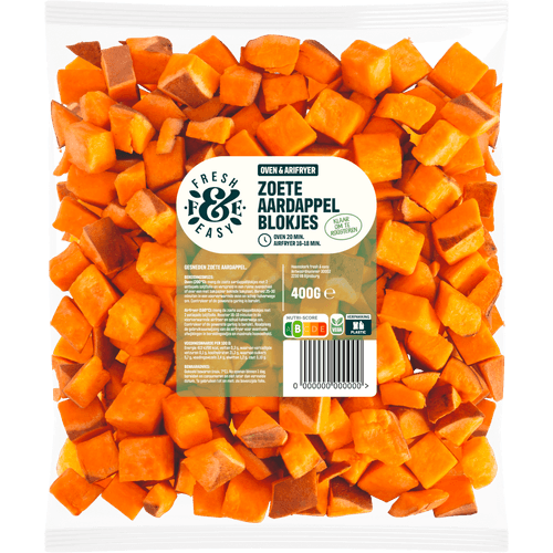 Foto van Fresh & easy Ovengroente zoete aardappelblokjes op witte achtergrond