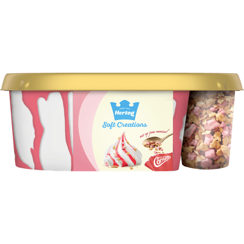 Foto van Hertog Softijs vanille met aardbeiensaus op witte achtergrond