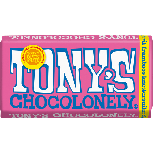 Foto van Tony's Chocolonely wit framboos knettsersuiker op witte achtergrond