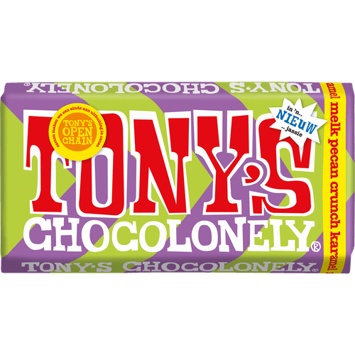 Foto van Tony's Chocolonely Chocolonely melk pecan crunch karamel op witte achtergrond