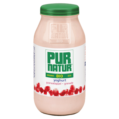 Foto van Pur Natur Biologische volle roeryoghurt granaatappel op witte achtergrond
