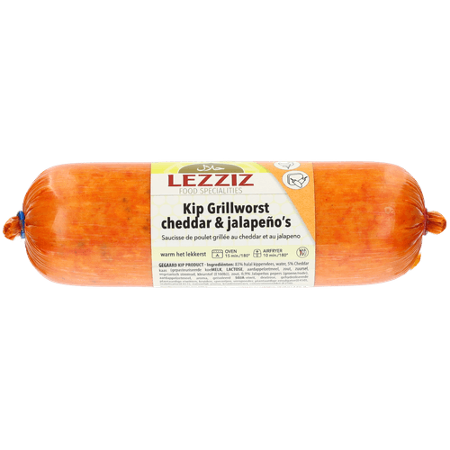 Foto van LEZZIZ Kip grillworst cheddar & jalapeno op witte achtergrond