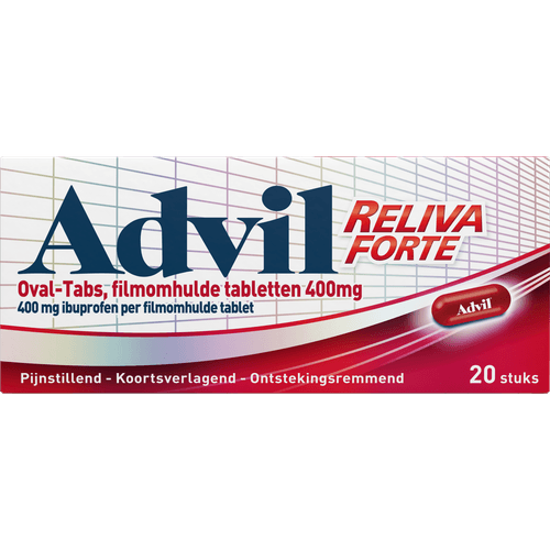 Foto van Advil Reliva forte ibuprofen 400 mg op witte achtergrond