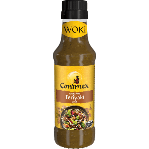 Foto van Conimex Woksaus teriyaki honing op witte achtergrond