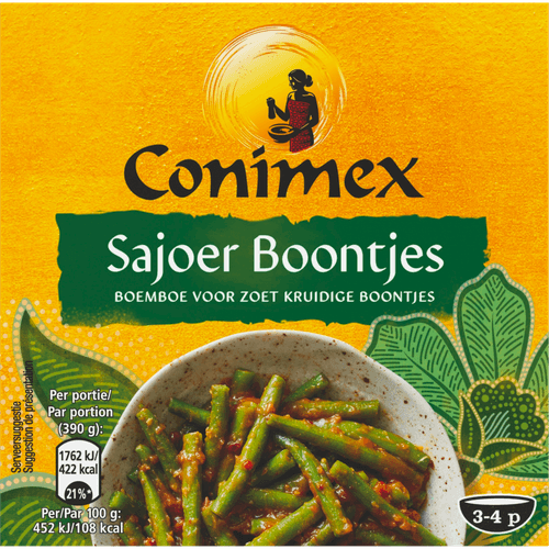 Foto van Conimex Boemboe sajoer boontjes op witte achtergrond