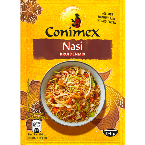 Foto van Conimex Kruidenmix voor nasi op witte achtergrond