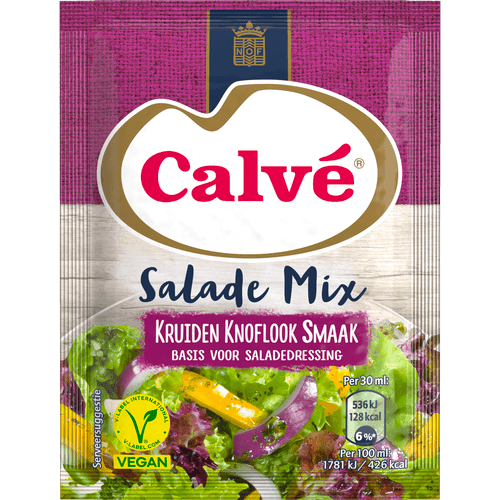 Foto van Calvé Salademix kruiden knoflook op witte achtergrond