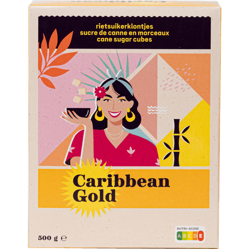Foto van Caribbean Gold Rietsuikerklontjes op witte achtergrond