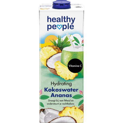 Foto van Healthy People Kokoswater ananas op witte achtergrond