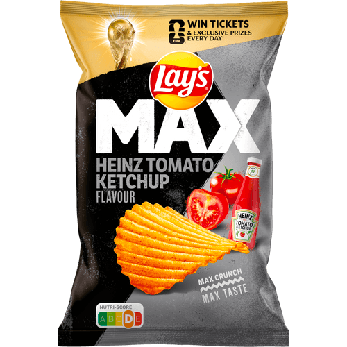 Foto van Lay's Ribbelchips max heinz tomato ketchup op witte achtergrond