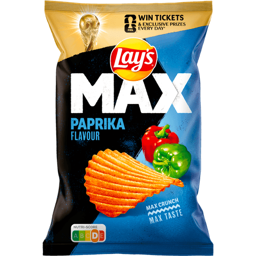 Foto van Lay's Ribbelchips max smoky paprika op witte achtergrond