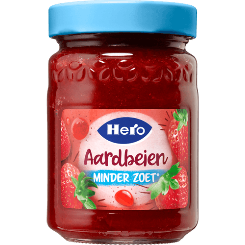 Foto van Hero Jam 40% minder zoet aardbei op witte achtergrond