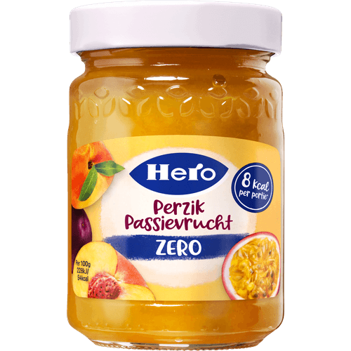 Foto van Hero Jam perzik passievrucht zero op witte achtergrond