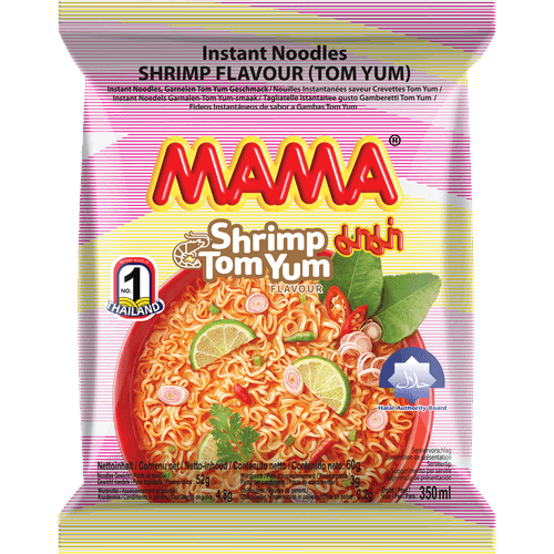 Foto van Mama Noodles garnaal op witte achtergrond
