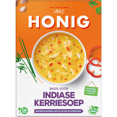 Foto van Honig Kerriesoep indiase op witte achtergrond