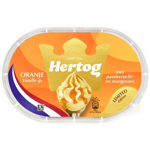 Foto van Hertog Ijs oranje vanille op witte achtergrond