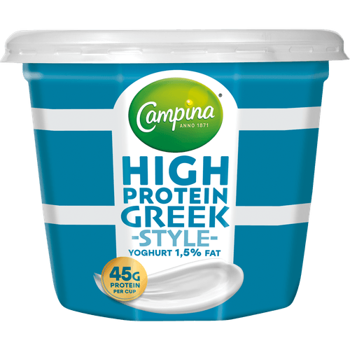 Foto van Campina High protein greek yoghurt 1.5% fat op witte achtergrond