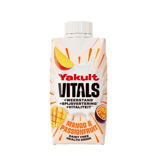Foto van Yakult Vitals mango passievrucht op witte achtergrond