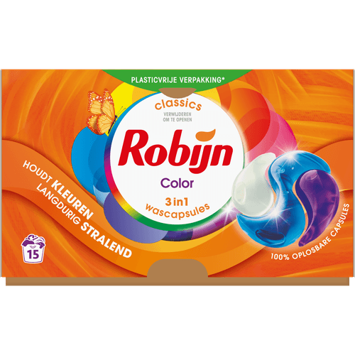 Foto van Robijn Vloeibaar wasmiddel 3 in 1 caps. color op witte achtergrond