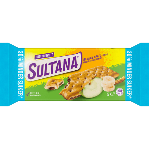 Foto van Sultana Fruitbiscuits banaan appel 30% op witte achtergrond