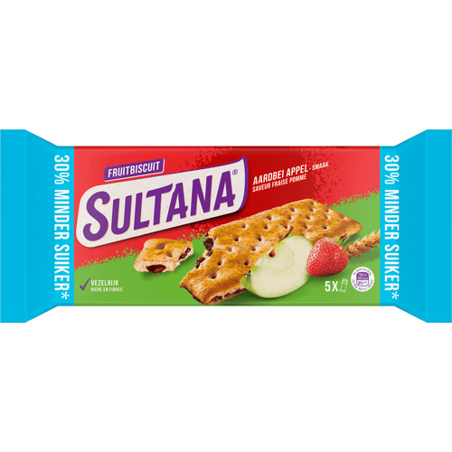 Foto van Sultana Fruitbiscuit aardbei appel 30% op witte achtergrond