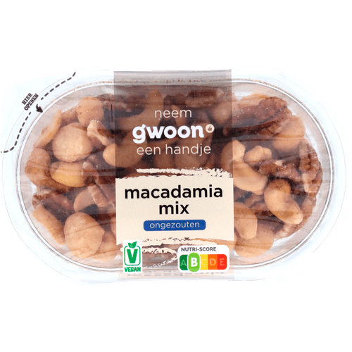 Foto van G'woon Macadamiamix ongezouten op witte achtergrond