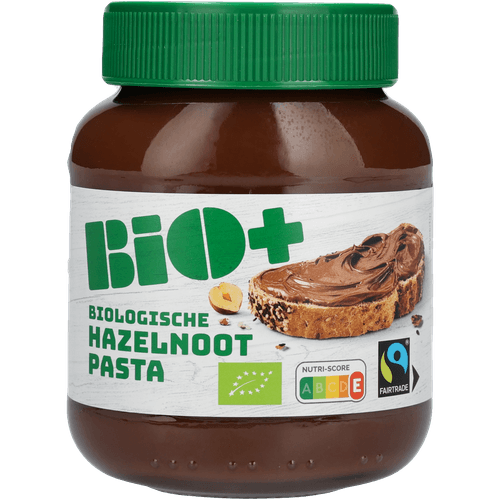 Foto van Bio+ Hazelnootpasta op witte achtergrond