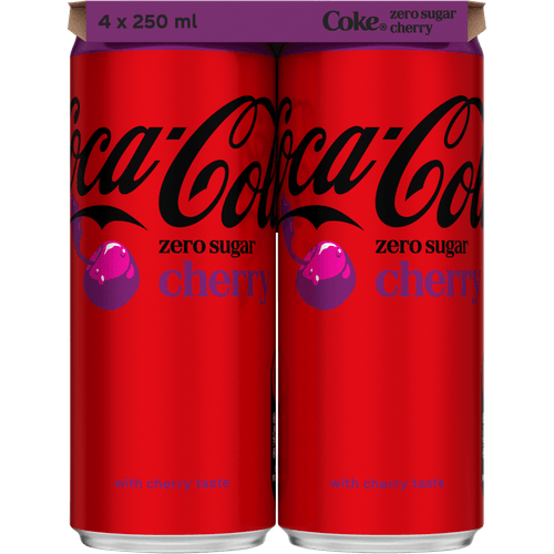 Foto van Coca-Cola Zero cherry 4x25 cl op witte achtergrond