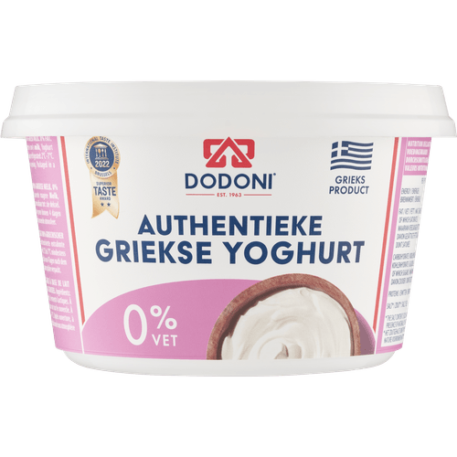 Foto van DODONI Griekse yoghurt 0% vet op witte achtergrond