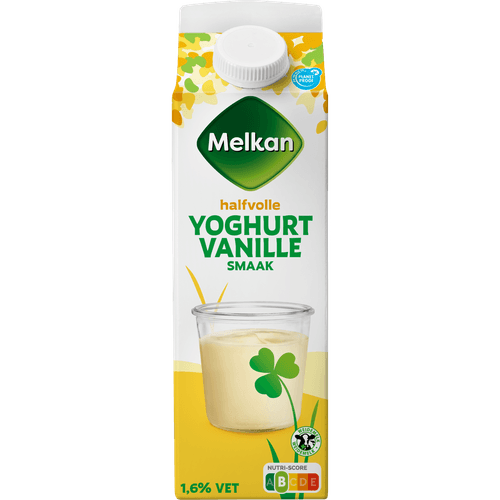 Foto van Melkan Halfvolle yoghurt vanille op witte achtergrond