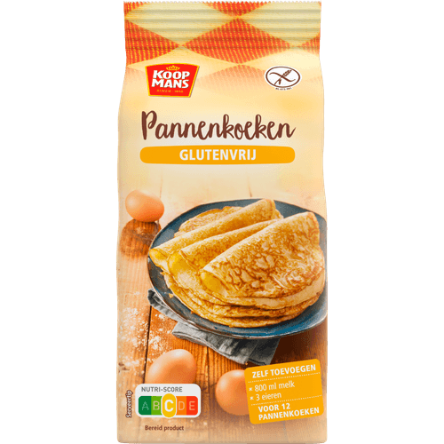 Foto van Koopmans Pannenkoekenmix glutenvrij op witte achtergrond