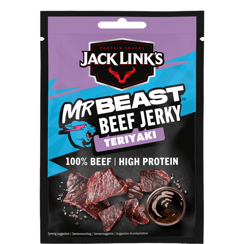 Foto van Jack Link's Mr beast beef jerky teriyaki op witte achtergrond