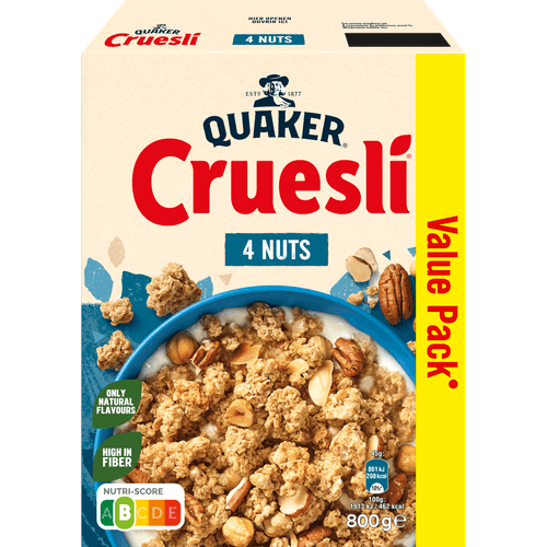 Foto van Quaker Cruesli 4 nuts op witte achtergrond