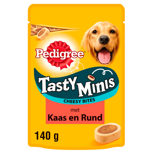 Foto van Pedigree Tasty mini's cheesy bites met kaas en vlees op witte achtergrond