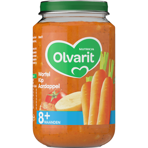 Foto van Olvarit Maaltijdpotje 8+ maanden wortel-kip-aardappel op witte achtergrond