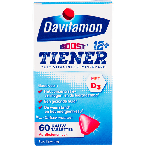 Foto van Davitamon Multi boost kauwtabletten multi vitaminen 12 jaar aardbei op witte achtergrond