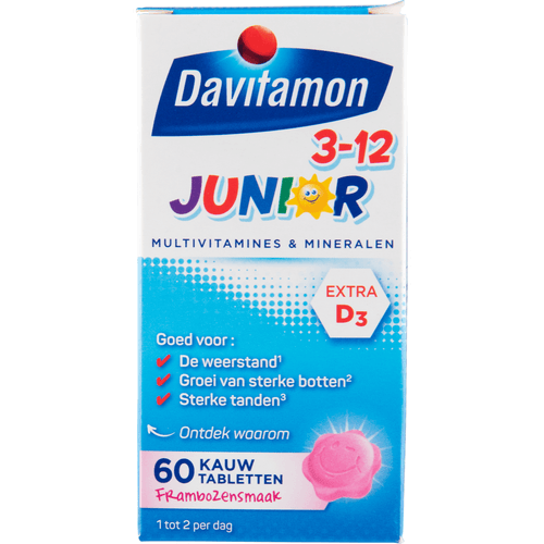 Foto van Davitamon Junior kauwvitamines vitaminen framboos 3-12 jaar op witte achtergrond