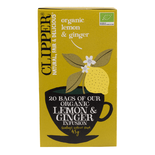 Foto van Clipper Vruchtenthee organic Ginger&Lemon kop 20 zakjes op witte achtergrond