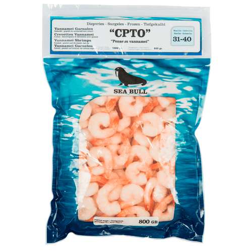 Foto van Seabull Vannamei met staart op witte achtergrond