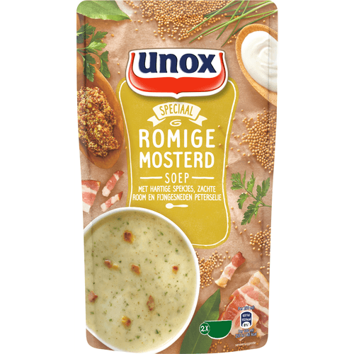 Foto van Unox Soep in zak romige mosterdsoep op witte achtergrond