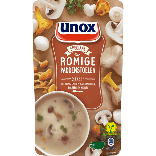 Foto van Unox Soep in zak romige paddenstoelensoep op witte achtergrond