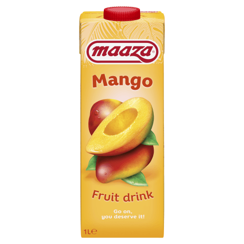Foto van Maaza Mango juice drink op witte achtergrond