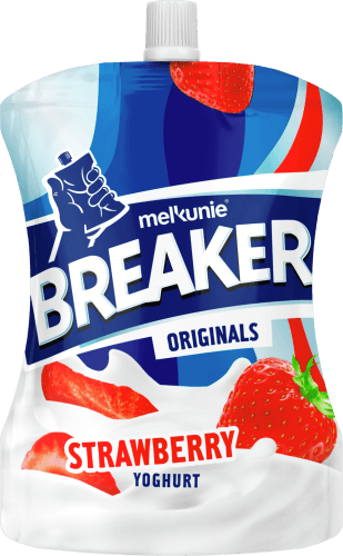 Foto van Melkunie Breaker aardbei op witte achtergrond