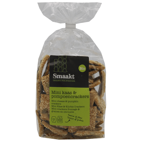 Foto van Smaakt Mini crackers kaas/pompoen op witte achtergrond